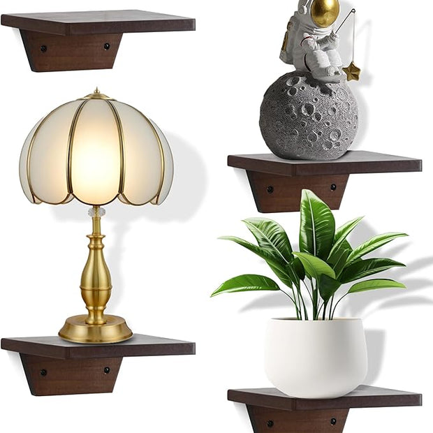 PHOENANCEE Small Floating Shelves,Speaker Shelf,Trapezoid Wall Shelf for Table Lamp Plants Display,Decorative Wood Ledges Chic for Living Room,Bedroom,Kitchen,Office,Pine,8x6 Inch,4 Pack(Walnut)