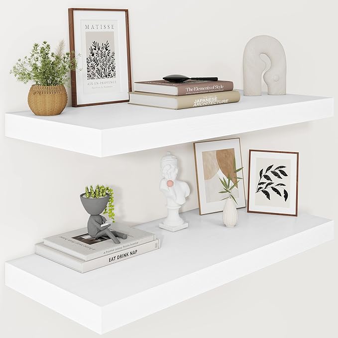 Vivelove 30x12 Inch Floating Shelves for Wall, 12 Deep Shelves for Room Wall Mounted, 2" Thick Floating Shelf for Living Room Bedroom Bathroom Kitchen Laundry Room, Set of 2 White