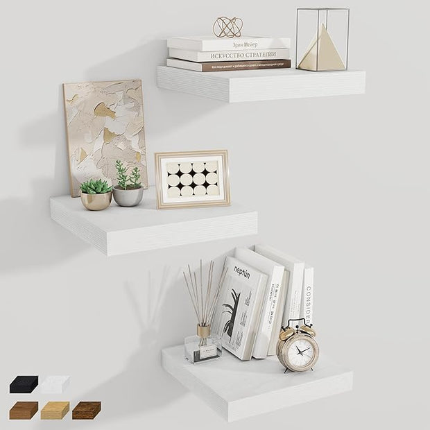 Fun Memories 12 Inch Square Floating Shelves 3 Pack - Wall Shelves with Invisible Brackets, Small Floating Shelves for Wall, White Wood Shelves for Bathroom, Living Room, Bedroom, and Kitchen Decor