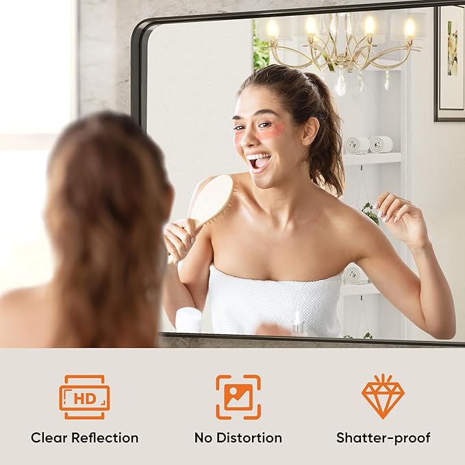 DUMOS Black Vanity Bathroom Mirror for Wall, Metal Framed Rounded Rectangular Modern Mirrors for Over Sink, 30x40 Inch for Farmhouse, Tempered Glass, Hangs Horizontally or Vertically