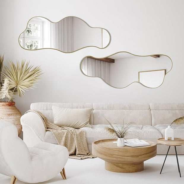 POZINO Irregular Wall Mirror, 39.3"x16" Asymmetrical Mirrors, Cloud Shaped Mirror, Gold Modern Abstract Frameless Mirrors for Bathroom Living Room Bedroom Entryway Hallway