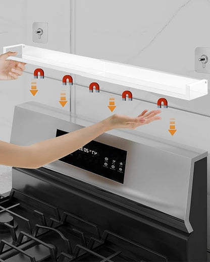 4X Strong Magnetic Stove Top Shelf, Adjustable 15-30 Inches, Fits Various Stove Lengths, Kitchen Organizer, Holds Spices, Condiments and BBQ Sauces (White)