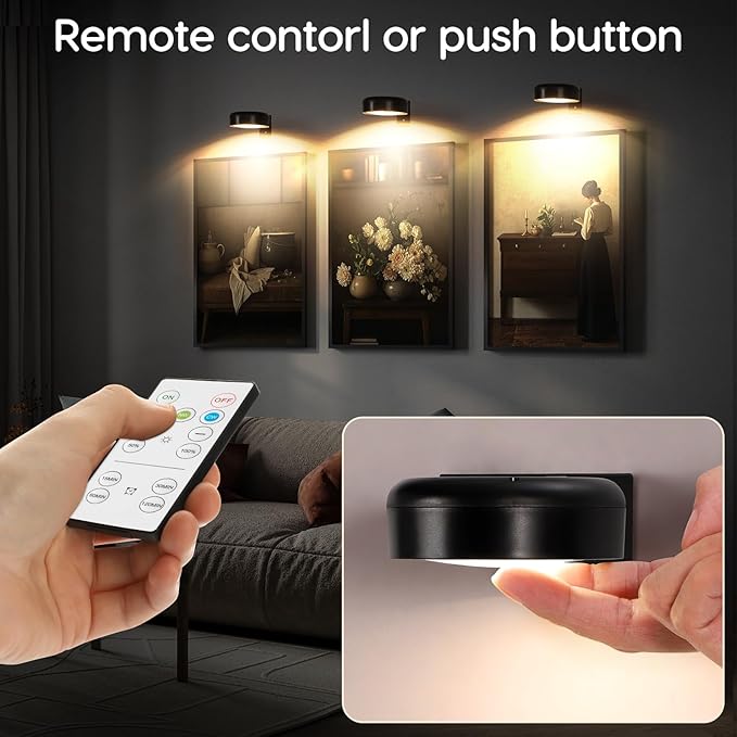 Wireless Picture Light Rechargeable for Painting Art Dispaly with Remote Control, Wall Light Painting Lighting with 3 Lighting Colors Brightness Dimmable Timer Off for Portrait Frame