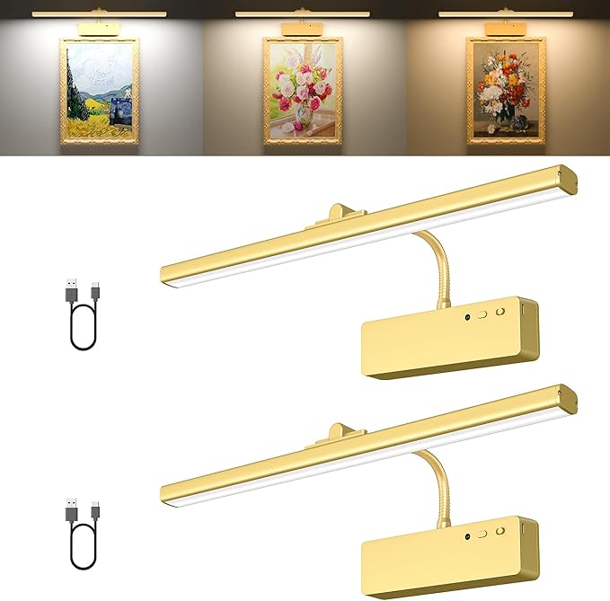 Picture Light, 15.35inch Picture Lights for Wall Rechargeable, Battery Wall Light Over Picture Frame, 3 Color Art Lighting for Paintings with Timer and Dimmable Artwork Display (Gold-2PCS)