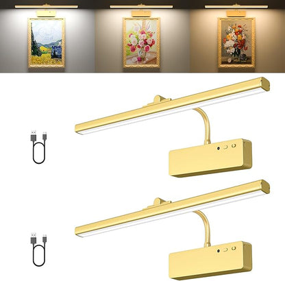Picture Light, 15.35inch Picture Lights for Wall Rechargeable, Battery Wall Light Over Picture Frame, 3 Color Art Lighting for Paintings with Timer and Dimmable Artwork Display (Gold-2PCS)
