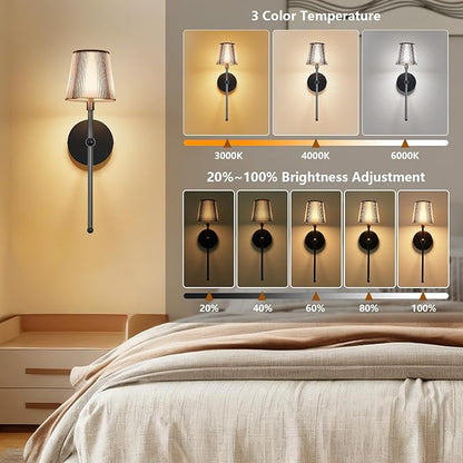 Kimjo Battery Operated Wall Sconce Set of 2, 5200mAh Rechargeable Wireless Wall Sconces Lights with Dimmable Timer Remote, Cordless Black Wall Light for Bedroom Living Room Hallway Decor