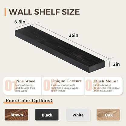 36x6.8x2 Inch Rustic Floating Shelves for Wall Set of 2 - Black Solid Wood Wall Mounted Shelves with Invisible Bracket, Extended Design for Farmhouse Living Room Bedroom Kitchen Decor