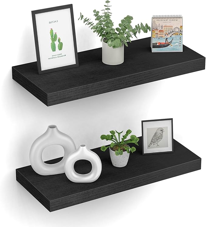 Floating Shelves (Set of 2) – Wall Mounted Shelves for Home Décor and Storage, Natural Pine Wood, Suitable for Living Room and Bedroom (Black, 15.7" x 5.7" x 1.0")