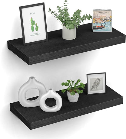 Floating Shelves (Set of 2) – Wall Mounted Shelves for Home Décor and Storage, Natural Pine Wood, Suitable for Living Room and Bedroom (Black, 15.7" x 5.7" x 1.0")