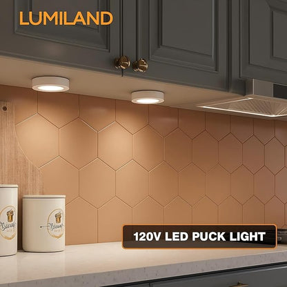 LUMILAND Wired LED Puck Lights (2.7Wx3) Plug-in Lighting Natural White (4000K), LED Cabinet Light for Kitchen Can Be Surface Mount or Recess Mount, White