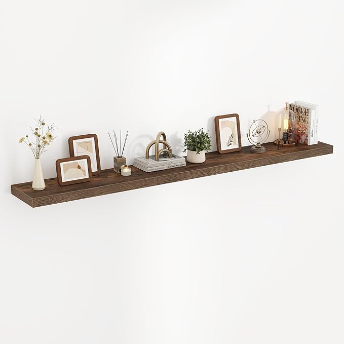 72 Inch Floating Shelves, 3D Textured Wood Grain, 72"x9.25"x1.5" Inch Deep Floating Shelves for Wall, Wooden Shelves for Bathroom, Bedroom, Living Room, Brown, 1 Piece