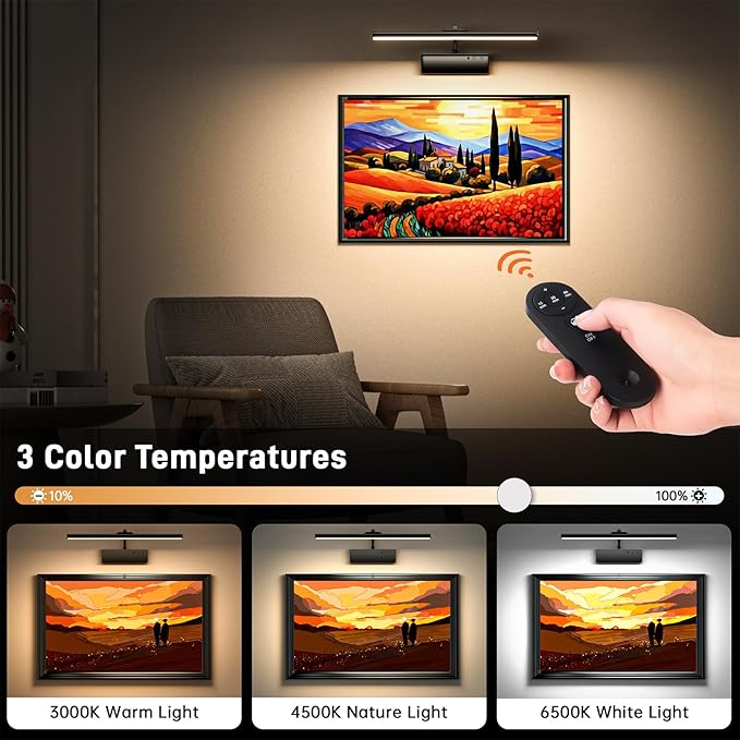 Picture Light, 15.35inch Wireless Picture Lights for Wall Rechargeable, 5400mAh Battery Wall Light with Remote, 3 Color Art Lighting for Paintings with Timer and Dimmable for Display, Gallery (Black)