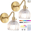 Vintage Battery Operated Wall Sconce Set of 2,Rechargeable Wall Sconces with RGB Dimmable Remote Control, Wireless Brass Transparent Glass Lampshade Fixtures for Bedroom Living Room