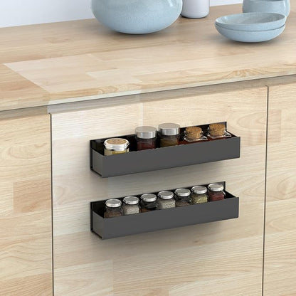 VAEHOLD Adhesive Acrylic Spice Rack with Nano Double Sided Tape Wall Mount Organizer, Black Wall Spice Rack With Shelf Ends for Kitchen Cabinet Door - 2 Pack 12‘’ Shelves