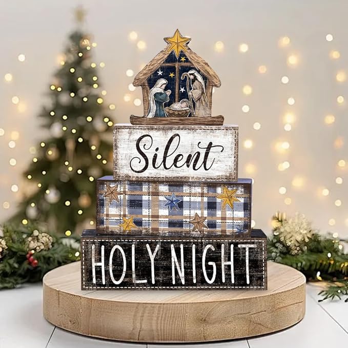 DIYDEC 4Pcs Christmas Table Decoration Christmas Jesus Wooden Block Sign Xmas Tiered Tray Decor Winter Centerpiece Decorative Sign for Holiday Tabletop Coffee Fireplace Shelf Desk Party Decor
