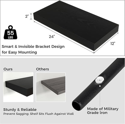 Floating Shelves for Wall, 24 Inch Wide x 12 Inch Deep Floating Shelves, Long Wood Floating Wall Shelf Shelves for Living Room Bathroom Bedroom Kitchen Home - (Black, 24" W x 12" D x 2" H)