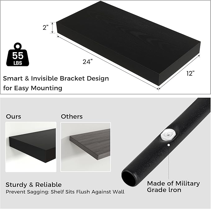 Floating Shelves for Wall, 24 Inch Wide x 12 Inch Deep Floating Shelves, Long Wood Floating Wall Shelf Shelves for Living Room Bathroom Bedroom Kitchen Home - (Black, 24