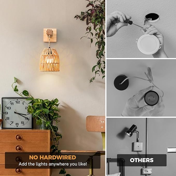 Rattan Wall Sconces Battery Operated, Boho Wall Sconce, Battery Operated Wall Sconce Set of Two, Rechargeable Woven Lantern Wireless Wall Light/Lamp for Bedroom Home Decor