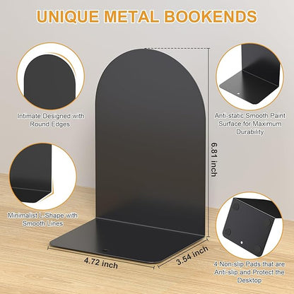 Bookends 2 Pairs, Metal Round Bookends for Shelves, Book Ends for Desk, Book End to Hold Books, Book Stopper, Black Bookend for Home Office