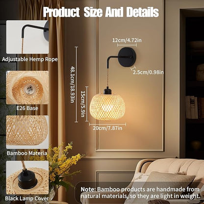 Battery Operated Wall Sconce Set of Two, Bamboo Rechargeable Boho Wireless Sconces with Remote, Dimmable Non-Hardwired Farmhouse Wall Lights for Bedroom Living Room (Black,8 inches)