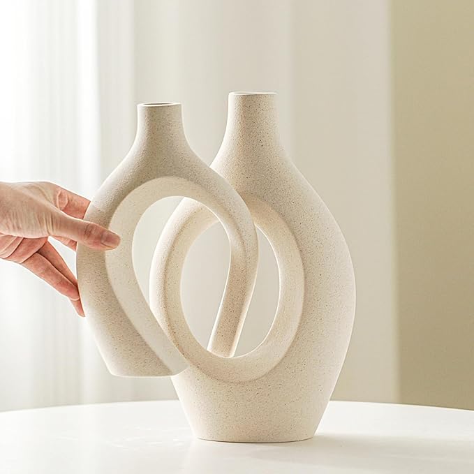 Snuggle Hollow Ceramic Vase Set of 2, Boho ins Style Round Nordic Mid Century Modern Aesthetic Decorative Vase for Home Decor (Cream W 6.8