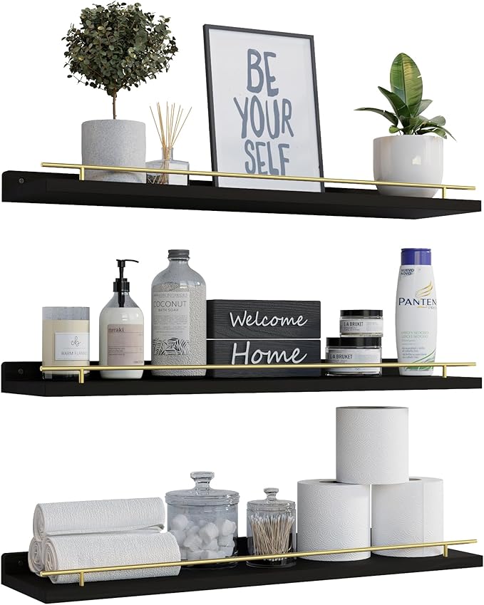 WOPITUES Floating Shelves 24 inch with Gold Metal Guardrail, Shelves for Wall Decor Set of 3, Wall Shelves for Bedroom, Bathroom, Kitchen, Living Room, Plants, Picture Frames, Art- Black and Gold