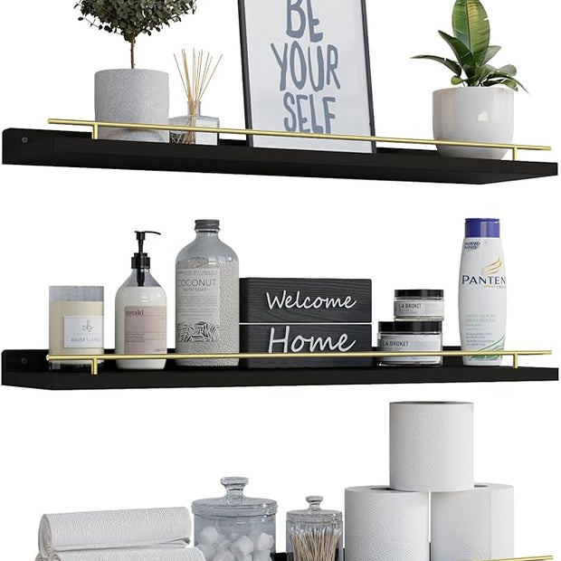 WOPITUES Floating Shelves 24 inch with Gold Metal Guardrail, Shelves for Wall Decor Set of 3, Wall Shelves for Bedroom, Bathroom, Kitchen, Living Room, Plants, Picture Frames, Art- Black and Gold