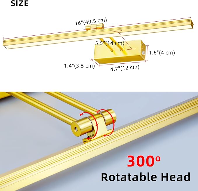 Picture Light,5000mAh Rechargeabl Art Lights for Paintings,Remote 16" Display Accent Lighting with Timer and Dimmable for Wall,Frame,Portrait-Brass