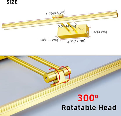 Picture Light,5000mAh Rechargeabl Art Lights for Paintings,Remote 16" Display Accent Lighting with Timer and Dimmable for Wall,Frame,Portrait-Brass