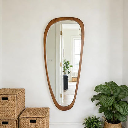 Ruomeng Full Length Irregular Wall Mirror, 48 x 22 Inch Wooden Mirror, Boho Large Decorative Asymmetrical Mirror for Bathroom, Living Room, Bedroom, Entryway, Farmhouse, Tempered Glass, Shatterproof