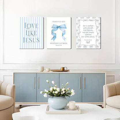 Blue Bow Jesus Wall Art Decor, Light Blue Coquette Dorm Room Wall Decor Paintings, Inspirational Bible Verses Canvas Posters Prints Pictures for Girls Dorm Room, Bedroom, Bathroom 12x16 Inch Framed