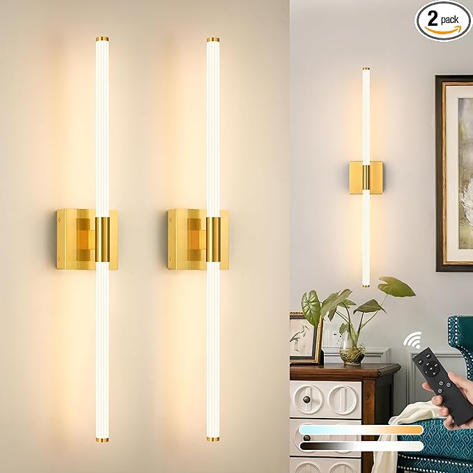 Gold Battery Operated Wall Sconces Set of 2, Rechargeable Battery Wall Sconce with Remote, Dimmable 3 Color LED Wireless Wall Lights, 360° Full Lighting, Timer & Memory Function 24 Inch