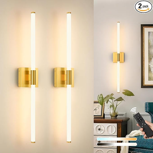 Gold Battery Operated Wall Sconces Set of 2, Rechargeable Battery Wall Sconce with Remote, Dimmable 3 Color LED Wireless Wall Lights, 360° Full Lighting, Timer & Memory Function 24 Inch