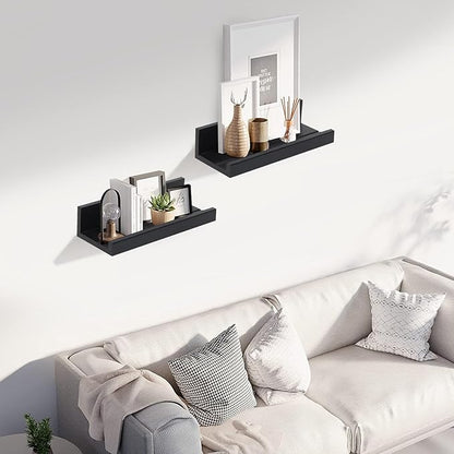 Muzilife 12" Small Floating Wall Ledge Shelves with Lip - Set of 2 Wood Floating Shelves - Black Wall Mounted Picture Ledge for Office, Bathroom, Bedroom, Living Room, Kitchen
