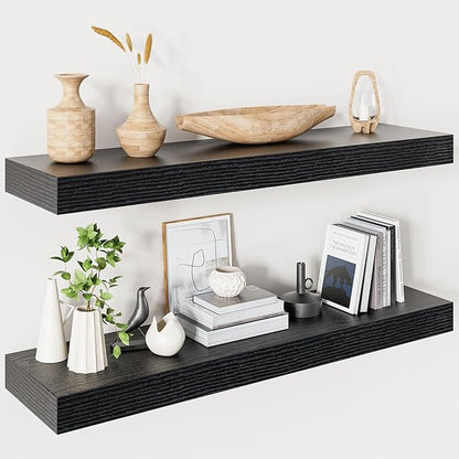 Heimlove 32 Inch Floating Shelves for Wall,Black 9.3" Deep Floating Shelf Set of 2,Wall Mounted Shelves for Bathroom Bedroom Living Room Kitchen Office,Shelf for Books Storage Room,Home Decor