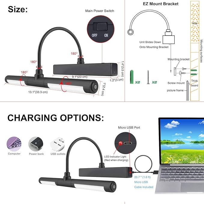 LUXSWAY Picture Lights for Paintings,Rechargeable Battery Wireless Art Light with Remote Control,Dimmable and Timer Off Display Lights with Rotatable Light Tube for Portrait,Dart Board,Gallery