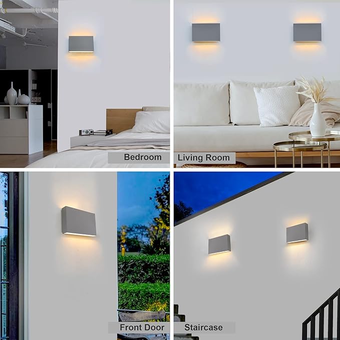 FUDESY LED Wall Sconce, Indoor Outdoor Up and Down Wall Lighting Fixtures, Modern Matte Gray Plastic Wall Mount Light, for Living Room Bedroom Hallway Corridor, 12W Warm White Light 3000K (2-Pack)
