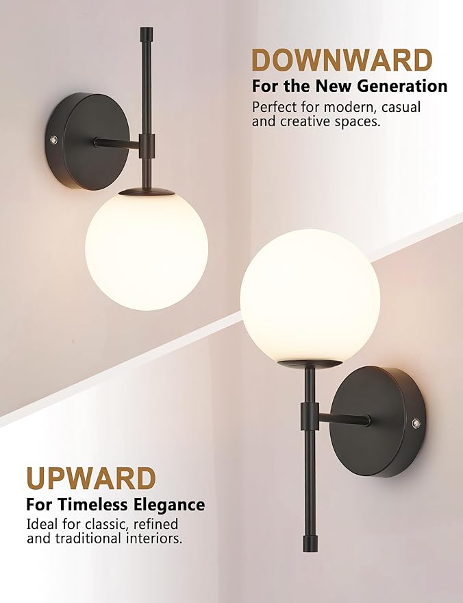 Battery Operated Wall Sconces Set of 2, Glass Globe Wireless Lights with Remote & Touch Control, Rechargeable Matte Black Sconce, 3 Color Dimmable Ambient Lighting for Bedroom Living Room