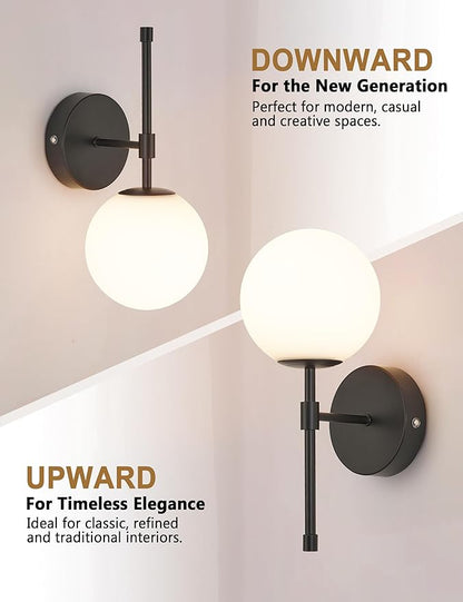 Battery Operated Wall Sconces Set of 2, Glass Globe Wireless Lights with Remote & Touch Control, Rechargeable Matte Black Sconce, 3 Color Dimmable Ambient Lighting for Bedroom Living Room