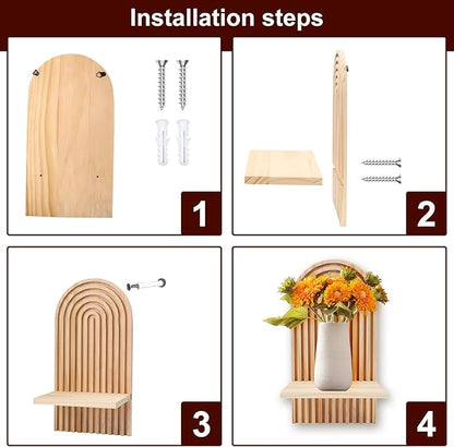 2 Pcs Boho Wall Shelf, Rainbow Arch Wooden Floating Shelf, Bohemian Floating Shelves Wall Decor for Nursery Bedroom Living Room Mid Century Hanging Shelf, 7.09 × 4.72 × 13.58 inches