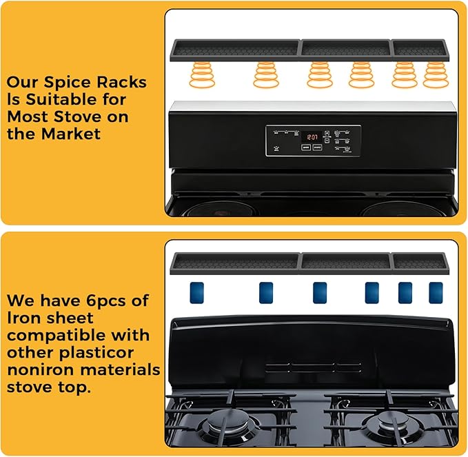 BFONS 30 Inch Silicone Magnetic Stove Top Shelf, Kitchen Shelf Over Stove Spice Rack Apartment Must Haves Kitchen Gadgets for Above Stovetop Seasoning Organization and Storage Thickened 3parts- Black