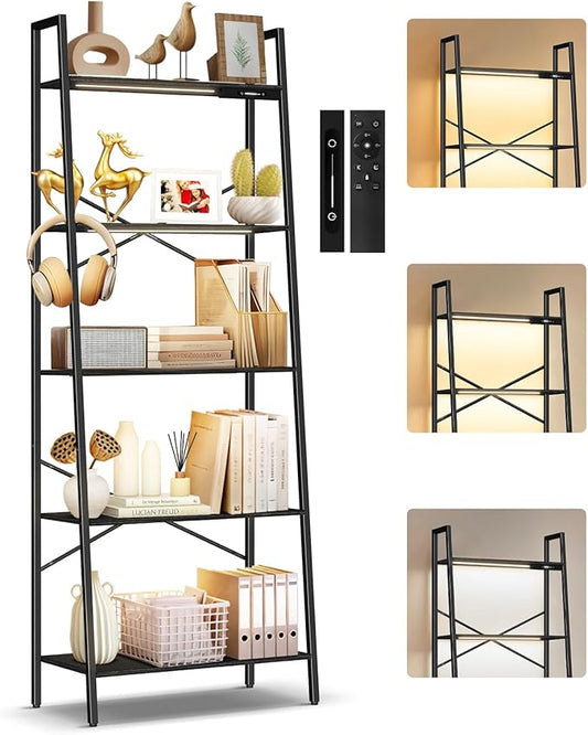 5-Tier Wide Ladder Shelf with LED Lights, Touch & Remote Control, 3 Color Temperatures, Dimmable Tall Corner Standing Bookcase, Metal Wood Display Shelf for Living Room, Bedroom(Black)