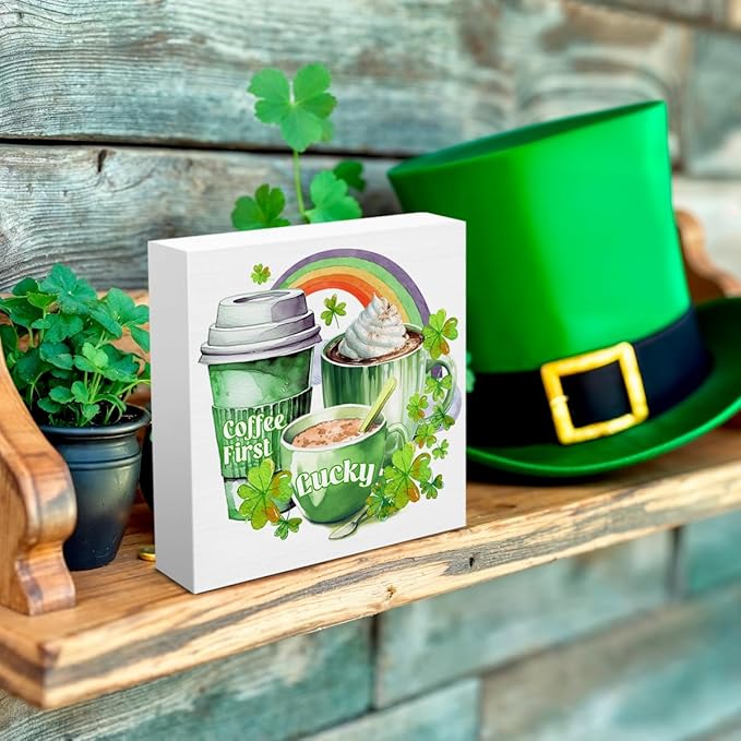St. Patrick's Day Kitchen Decor Sign - Shamrock Coffee First Wooden Sign - Irish St Patricks Day Decorations for Home Cafe Coffee Bar Table Desk Shelf 5x5 Inches