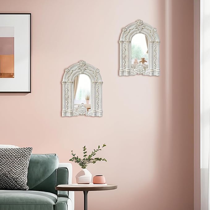 ZEXUIRU 2PCS Arched Window Wall Mirror,Rustic Farmhouse Accent Mirror, Wood Framed Entry Wall Decoration for Living Room,Bathroom,Bedroom,Kitchen,14.5x10.6 Inches
