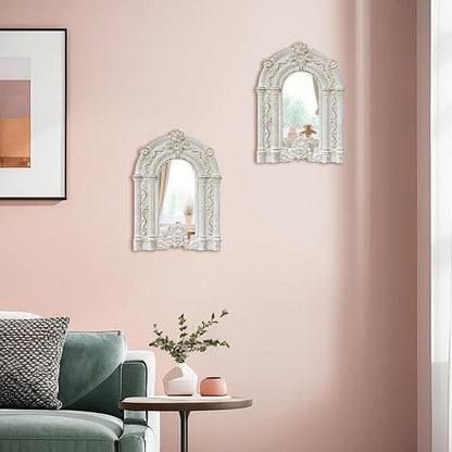 ZEXUIRU 2PCS Arched Window Wall Mirror,Rustic Farmhouse Accent Mirror, Wood Framed Entry Wall Decoration for Living Room,Bathroom,Bedroom,Kitchen,14.5x10.6 Inches