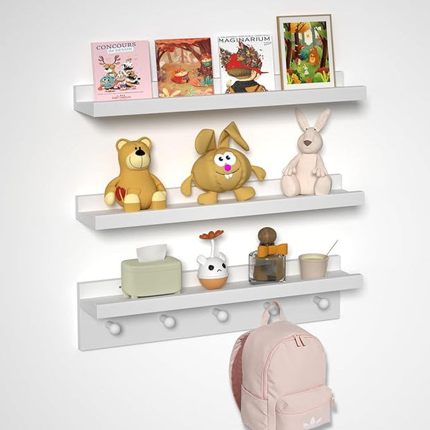 MBYD Picture Shelf Ledge, 24 Inch Floating Shelves for Wall, Nursery Book Shelves with Hooks Set of 3, Floating Shelf Wall Mounted for Bathroom, Kids Room, Living Room, Kitchen Bedroom White