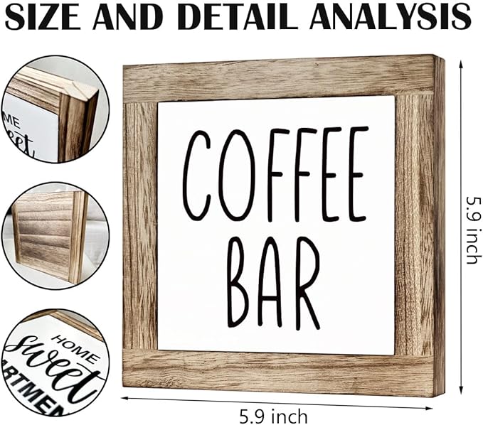 Coffee Bar Sign and Decor Set - Wooden Box Signs for Home, Farmhouse Wood Table Decor, Country Style Cafe Decoration