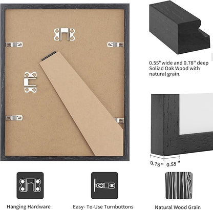 puthiac 8x10 Solid Oak Wood Picture Frame, Fits 6x8 with Mat or 8x10 Without Mat, Wall or Tabletop Display with Stand, Vertical or Horizontal, Plexi Front, 3 Pack, Black