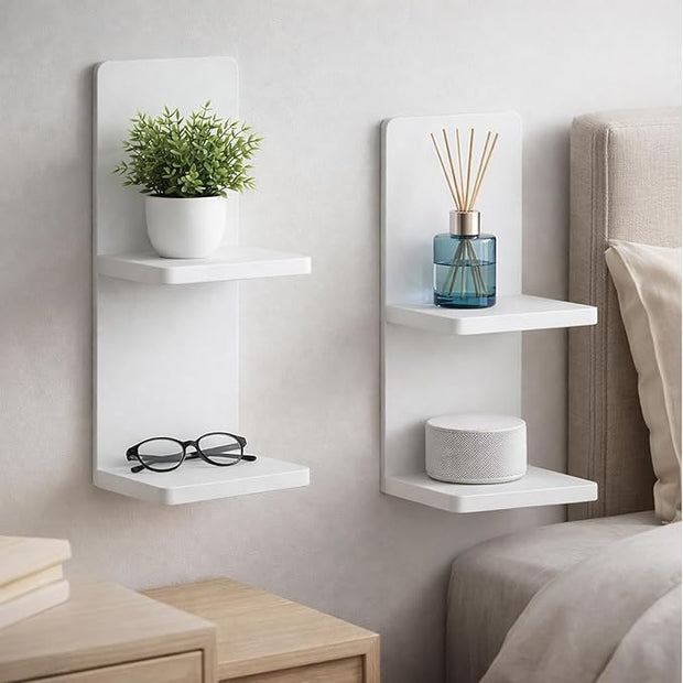 Floating Wall Shelves Set of 2, White Solid Wood Double Layer Wall Mounted Shelf, 20 x 8 x 6 Inches, Modern Storage for Bedroom, Bathroom, Kitchen, Home Decor, Plants & Cosmetics
