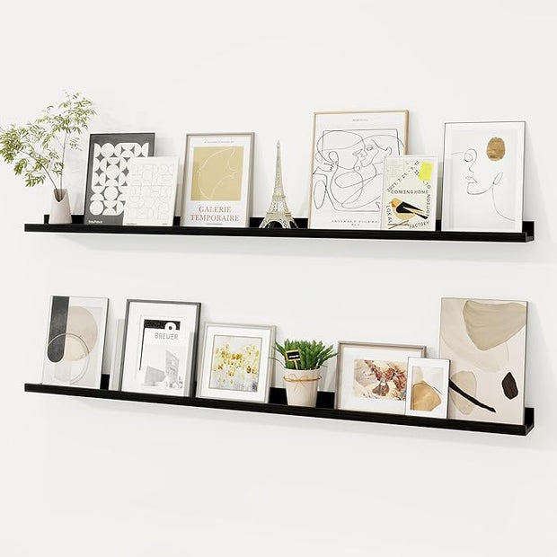 Picture Ledge Shelf, Floating Shelves Set of 2, 48 Inches Solid Wood Nursery Book Shelves for Toys Storage, Kids Bookshelf Wall Mounted for Living Room Bedroom Decor Books Photo Frames, Black